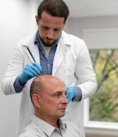 Doctor wearing gloves treats a man seated on a chair while he uses a tool for hair transplantation.