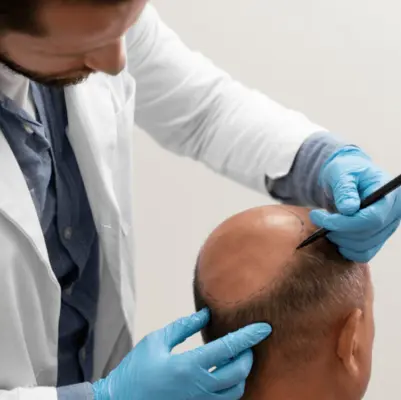 Best Sapphire Hair Transplant Needle Treatment in Chennai A man receiving a hair transplant from a physician in a hair clinic in a professional setting