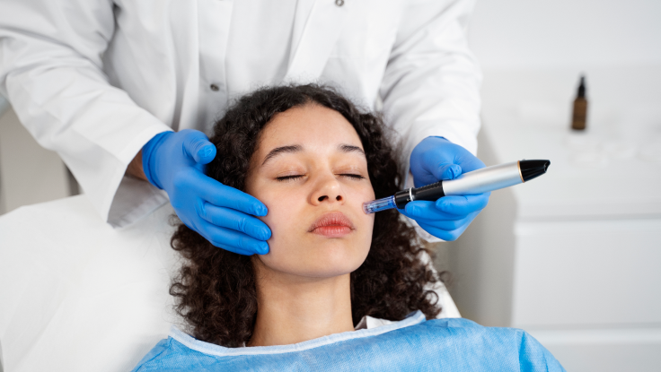 A woman is receiving facial therapy at a clinic, with a beautician applying skincare to her face.