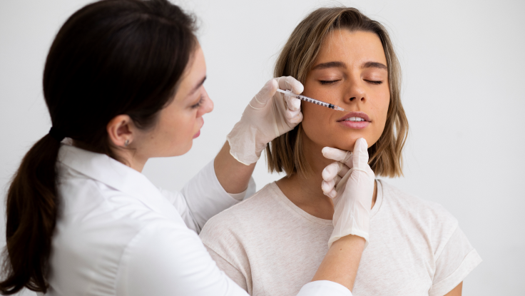 A hospital patient receiving Botox treatment and cosmetic surgery with a needle in her face
