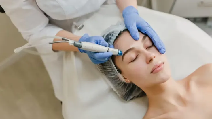 Best Hydra Facial Treatment Doctors In Coimbatore, Tamilnadu A woman is undergoing a Hydra facial treatment, with a beautician applying skincare products.