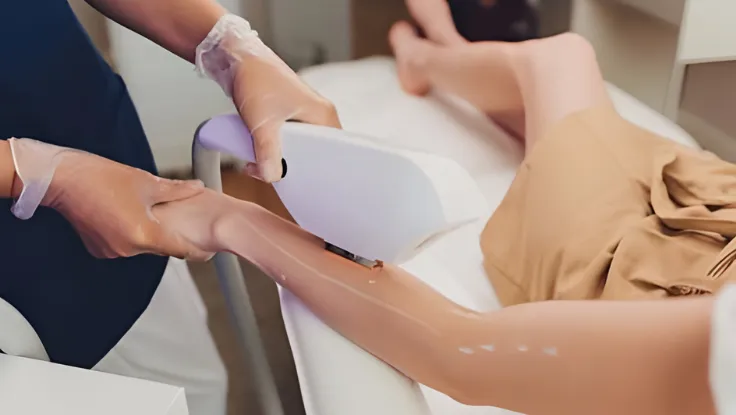 Best Laser Hair Removal Treatment In Coimbatore, Tamilnadu A person undergoing laser hair removal treatment on their arm in a professional hair removal clinic.