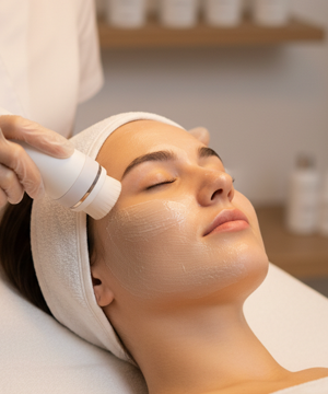Exfoliation step in microdermabrasion facial removing dead skin cells to improve texture and clarity